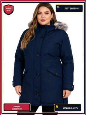 Plus Size Winter Parka Hooded Puffer Coat Waterproof Warm Knee Length